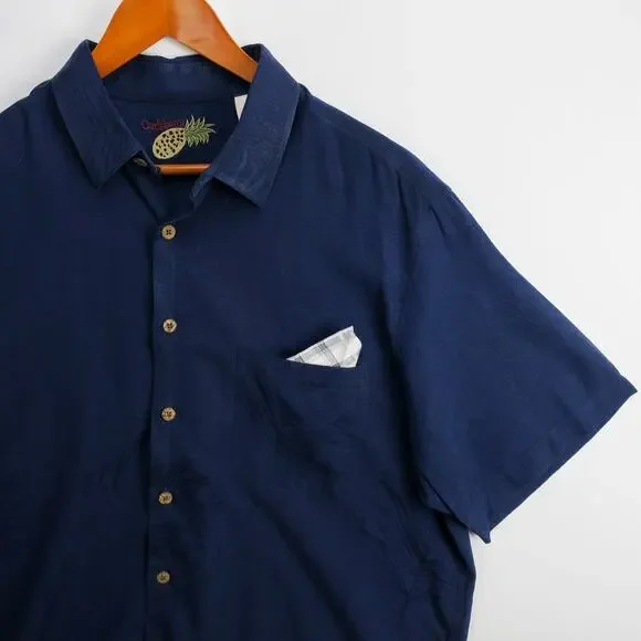 Caribbean 100% Silk Shirt Mens XL Navy Palm Textured Tropical Short Sleeve - Picture 5 of 11